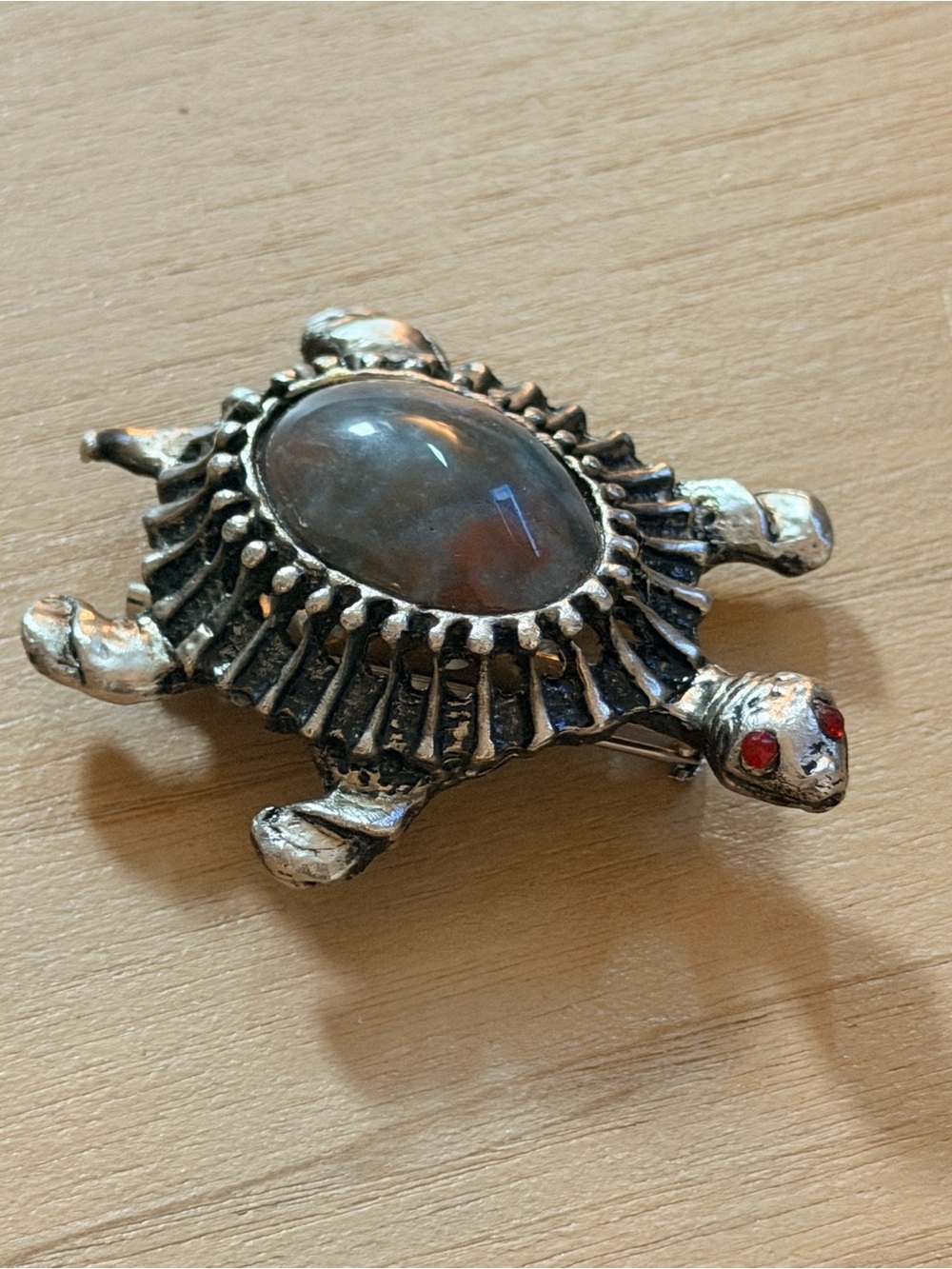 Vintage Turtle Brooch with Cabochon and Red Rhinestone Eyes